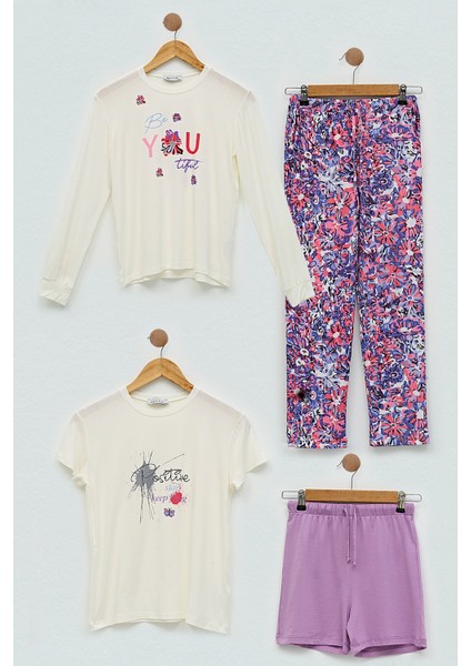 For You Kids 4'lü You Çicek Baskılı Lila Pijama Takım S27409