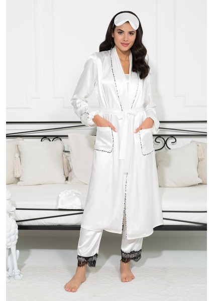 6'lı Dantel Detaylı Sabahlık Atlet Şort Ekru Pijama Takım S27398 indirimleri