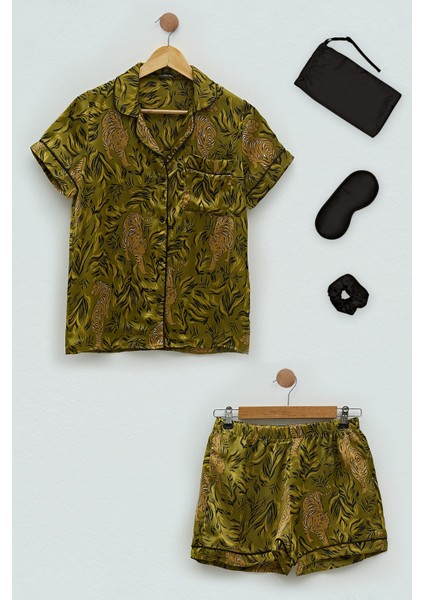 5'li Saten Kaplan Desen Yeşil Pijama Şort Takım S27282