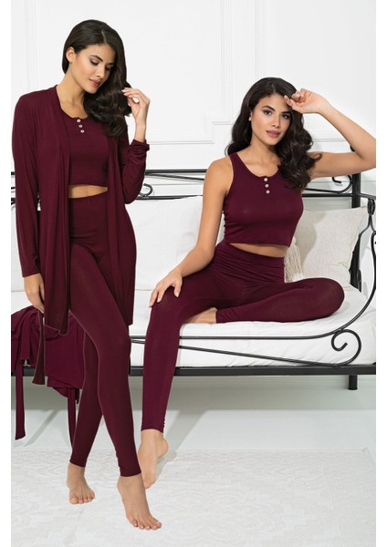 For You Sleepwear 3'lü Penye Sabahlıklı Atlet Tayt Bordo Takım S27278