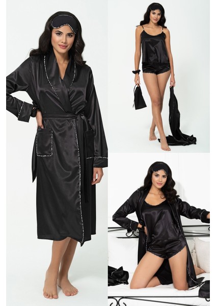 6'lı Leopar Biye Detaylı Sabahlık Atlet Şort Siyah Pijama Takım S27397