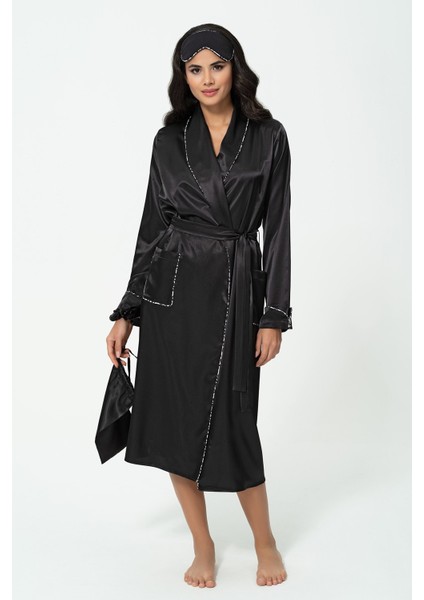 6'lı Leopar Biye Detaylı Sabahlık Atlet Şort Siyah Pijama Takım S27397 modelleri