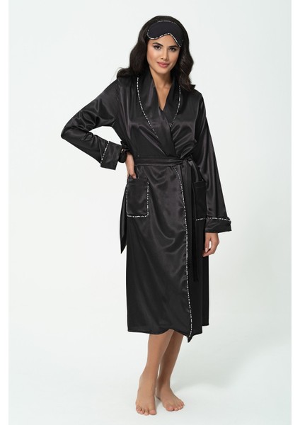 6'lı Leopar Biye Detaylı Sabahlık Atlet Şort Siyah Pijama Takım S27397 fırsatları