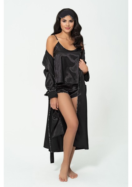 6'lı Leopar Biye Detaylı Sabahlık Atlet Şort Siyah Pijama Takım S27397 indirimleri