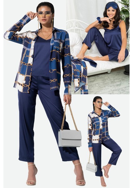 6'lı Hem İçeride Hem Dışarıda Zincir Desen Lacivert Pijama Takım S27395
