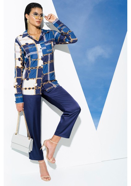 6'lı Hem İçeride Hem Dışarıda Zincir Desen Lacivert Pijama Takım S27395