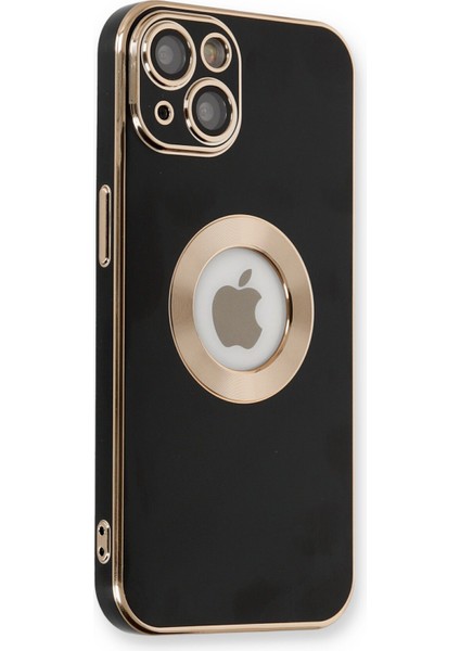Caseworld Apple iPhone 14 Plus Kapak Mercek Korumalı Logo Gösteren Tasarım Silikon Kılıf - Siyah
