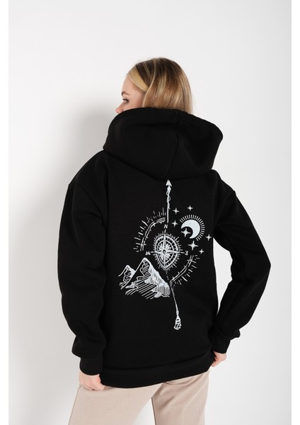 Kadın Siyah Oversize Pusula Sırt Baskılı Hırka Sweatshirt
