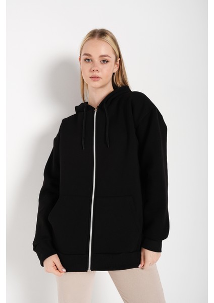 Kadın Siyah Oversize Pusula Sırt Baskılı Hırka Sweatshirt