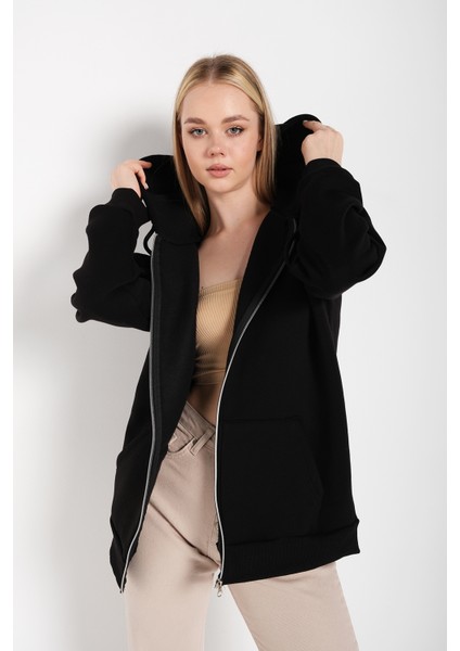 Kadın Siyah Oversize Pusula Sırt Baskılı Hırka Sweatshirt