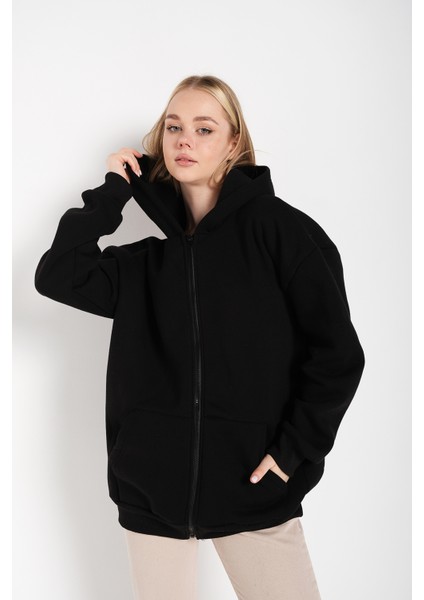 Kadın Siyah Oversize Fermuarlı Hırka
