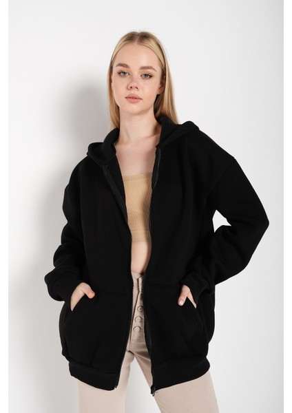 Kadın Siyah Oversize Fermuarlı Hırka