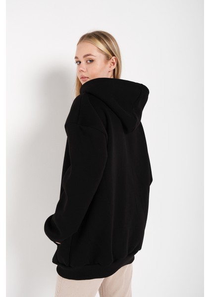 Kadın Siyah Oversize Fermuarlı Hırka