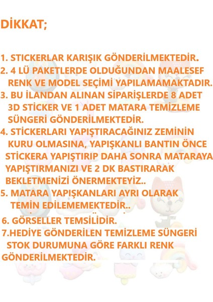 3D Matara Sticker Seti 8 Adet Renkli Desenler ve Temizleme Süngeri fiyatları