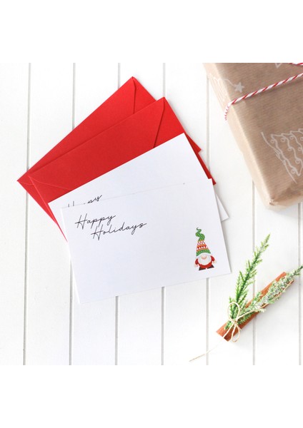 Yılbaşı gnome figürlü zarflı kart seti, Happy Holidays 4 adet