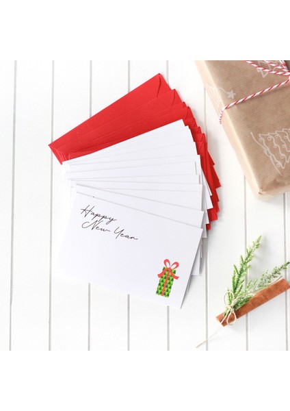 Yılbaşı hediye paketi figürlü zarflı kart seti, Happy New Year 12 adet
