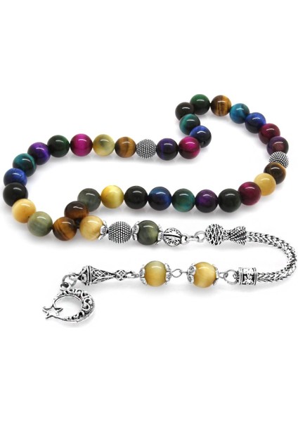 Kararmaz Metal Püsküllü Küre Kesim Çoklu Kaplangözü Doğal Taş Kombinli Tesbih