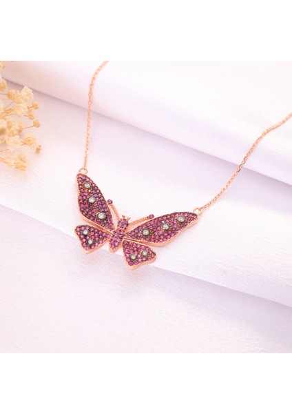 925 Ayar Gümüş Fuşya Kelebek Kolye