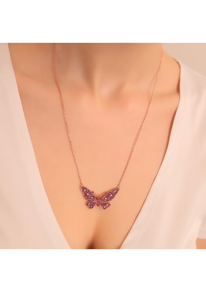 925 Ayar Gümüş Fuşya Kelebek Kolye fiyatları