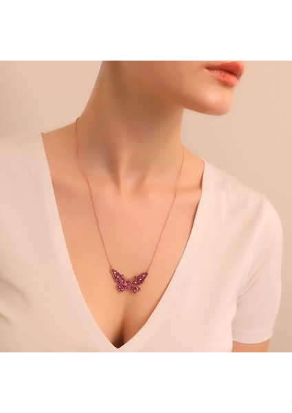 925 Ayar Gümüş Fuşya Kelebek Kolye modelleri