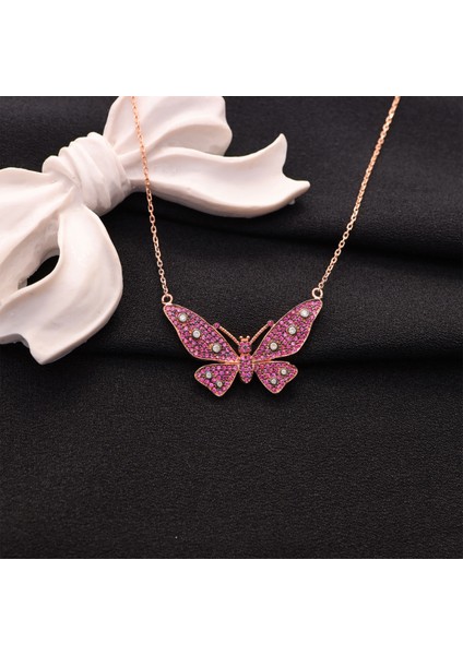 925 Ayar Gümüş Fuşya Kelebek Kolye fırsatları