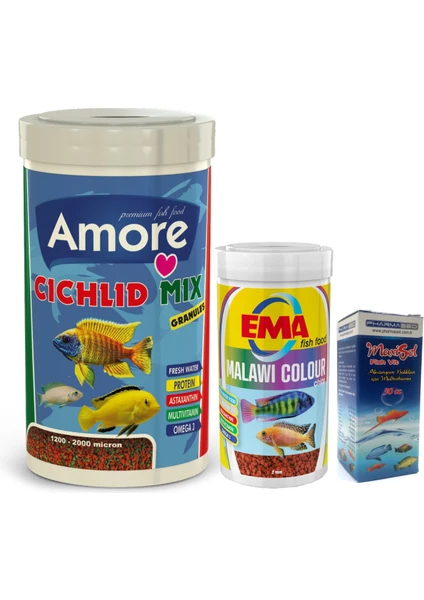 Cichlid Mix Granules 1000 ve 250ML Malawi Ciklet Color Renklendirme Balık Yemi Vitamin Seti Ema