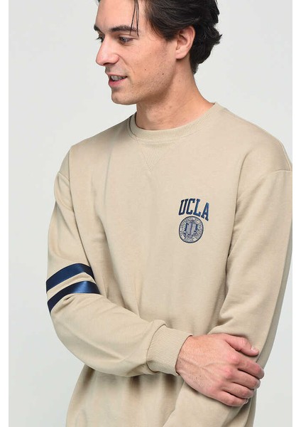 YOUNT Koyu Bej Bisiklet Yaka Baskılı Erkek Sweatshirt