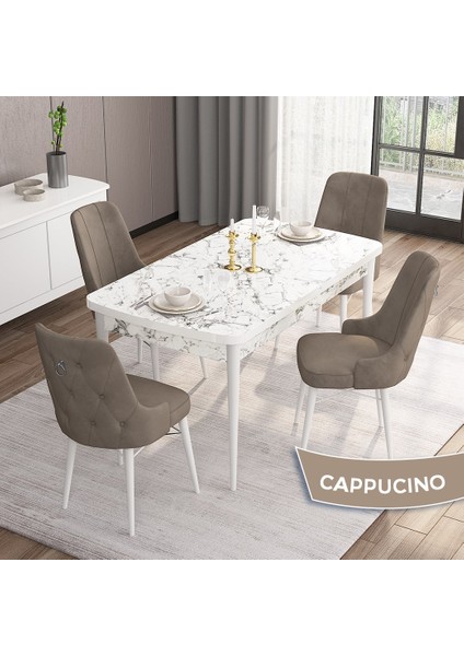 Concept Are Serisi, Mdf 80X132 Açılabilir Beyaz Mermer Desen Yemek Odası Takımı, 4 Sandalye Gümüş Halkalı