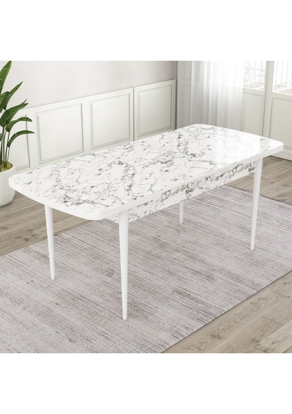 Concept Are Serisi, Mdf 80X132 Açılabilir Beyaz Mermer Desen Yemek Odası Takımı, 4 Sandalye Gümüş Halkalı modelleri