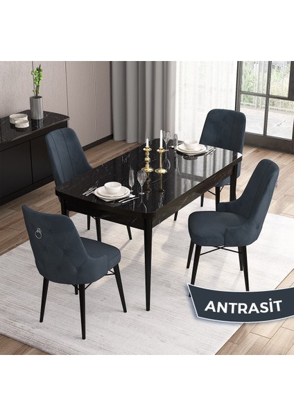Concept Are Serisi, 80X132 Mdf Açılabilir Siyah Mermer Desen Masa Takımı, 4 Sandalye Gümüş Halkalı