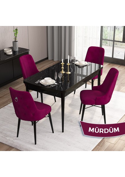 Concept Are Serisi, 80X132 Mdf Açılabilir Siyah Mermer Desen Masa Takımı, 4 Sandalye Gümüş Halkalı