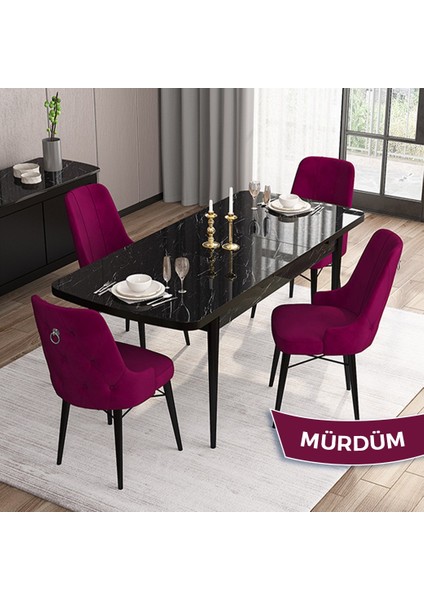 Concept Are Serisi, 80X132 Mdf Açılabilir Siyah Mermer Desen Masa Takımı, 4 Sandalye Gümüş Halkalı