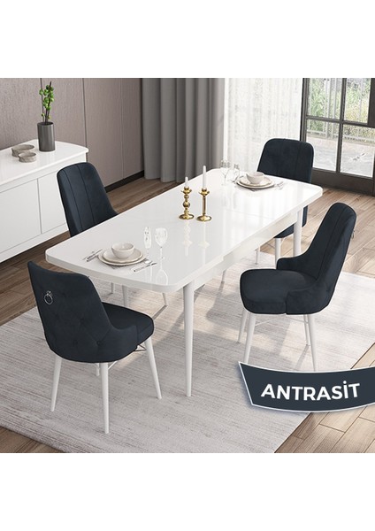 Concept Are Serisi, Mdf 80X132 Açılabilir Beyaz Yemek Odası Takımı, 4 Sandalye Gümüş Halkalı fiyatları