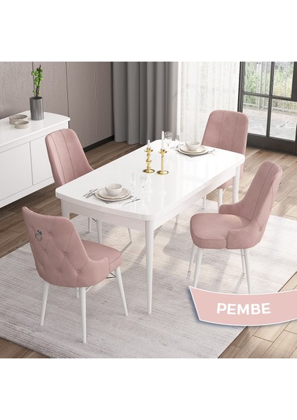 Concept Are Serisi, Mdf 80X132 Açılabilir Beyaz Yemek Odası Takımı, 4 Sandalye Gümüş Halkalı