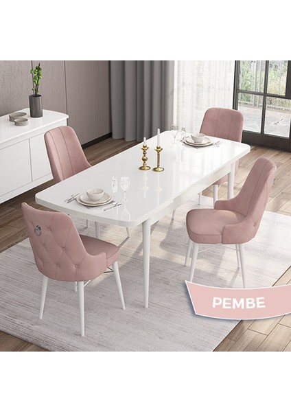 Concept Are Serisi, Mdf 80X132 Açılabilir Beyaz Yemek Odası Takımı, 4 Sandalye Gümüş Halkalı