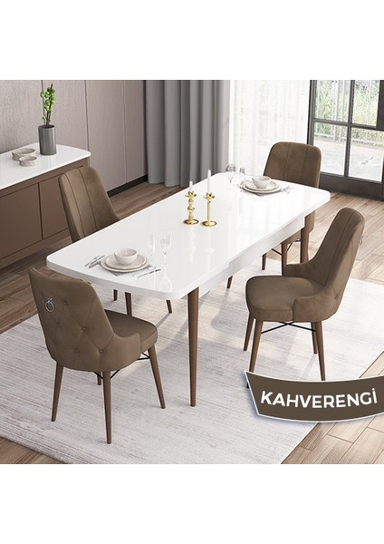 Concept Are Serisi, Mdf 80X132 Açılabilir Beyaz Masa Ceviz Ayak Yemek Odası Takımı, 4 Sandalye Gümüş Halkalı fiyatları