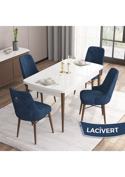 Concept Are Serisi, Mdf 80X132 Açılabilir Beyaz Masa Ceviz Ayak Yemek Odası Takımı, 4 Sandalye Gümüş Halkalı
