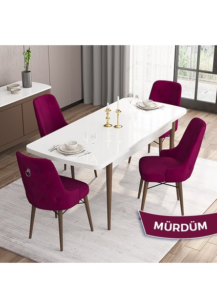 Concept Are Serisi, Mdf 80X132 Açılabilir Beyaz Masa Ceviz Ayak Yemek Odası Takımı, 4 Sandalye Gümüş Halkalı