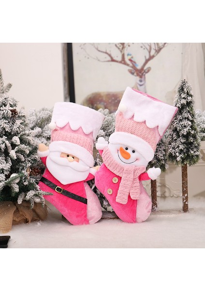 Noel Dekorasyonu 3D Pembe Noel Baba Kardan Adam Noel Çorabı 2 Adet (Yurt Dışından)