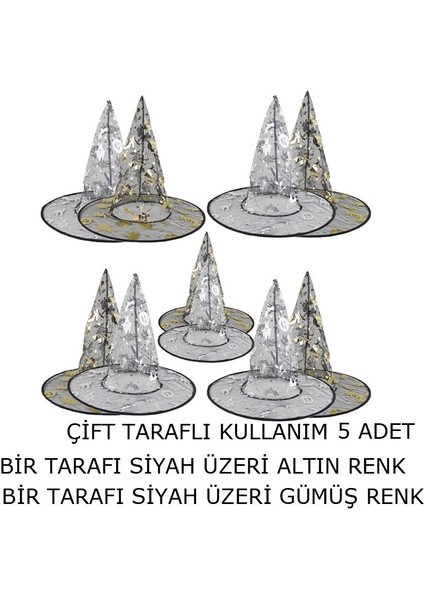 Halloween Çift Taraflı Altın Gümüş Renk Ürkünçler Desenli Yetişkin Çocuk Uyumlu Transparan Cadı Şapkası 5 Adet