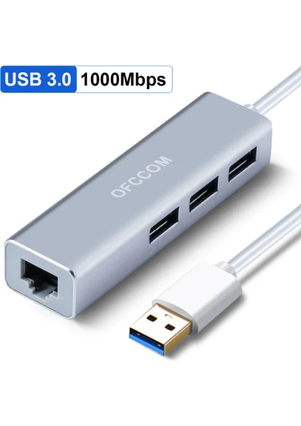 Ultratekno USB 3.0 3-Port Hub ve Gigabit Ethernet Adaptör Ikisi Bir Arada USB Adaptör - Alüminyum Kasa