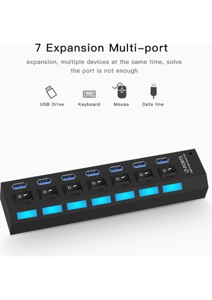 7 Bağlantı Noktası USB 3.0 Hub, Süper Hız 5gbps, Tak ve Oynat, Destek 1 Tb (Siyah) (Yurt Dışından)