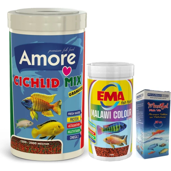 Amore Cichlid Mix Granules 1000 ve 250ML Malawi Ciklet Color Renklendirme Balık Yemi Vitamin Seti Ema
