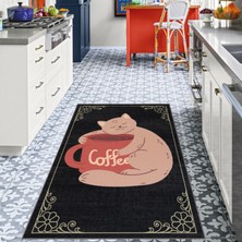 Soho Halı Kedi Desenli Coffee Sloganlı Siyah Modern Dekoratif Mutfak Halısı KG2085