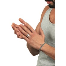 Labalaba Erkek Antik Gümüş Kaplama Ayarlanabilir Haç Figürlü Yüzük & Açık Band Bileklik Set