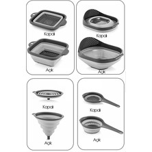 Qlüx 4'lü Akordiyon Katlanır Süzgeç Seti - Mutfak Çeyiz Seti (Akordiyon Saplı Pirinç Süzgeci Huni Gri)