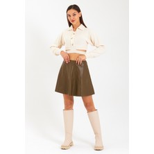 Sobasic Haki Beli Lastikli Kloş Deri Mini Etek