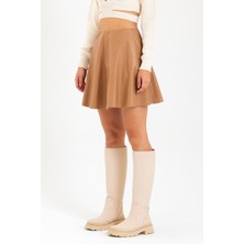 Sobasic Camel Beli Lastikli Kloş Deri Mini Etek