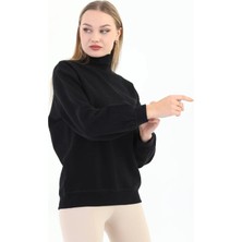 Organk Pamuklu Balıkçı Yaka Kadın Siyah Sweatshirt