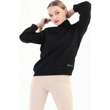 Organk Pamuklu Balıkçı Yaka Kadın Siyah Sweatshirt